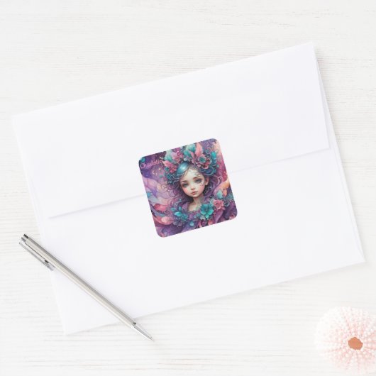 CHARLOTTE - WAUW! Fairy roze blauwe lavendel ~ Vierkante Sticker (Envelop)