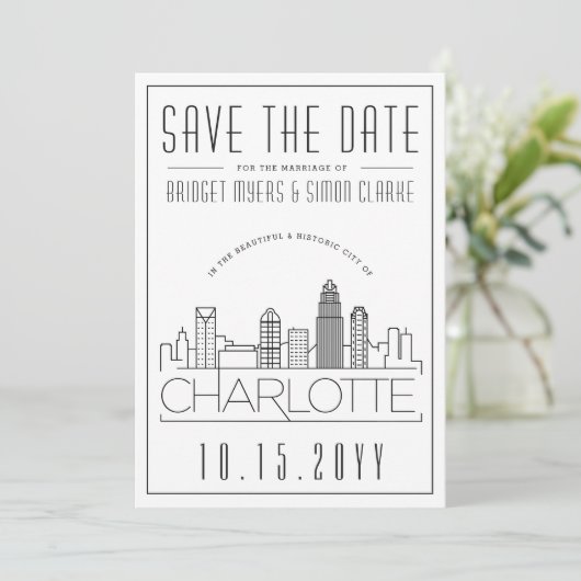 Charlotte Wedding | Gestileerde skyline De datum o Kaart (Staand voorkant)