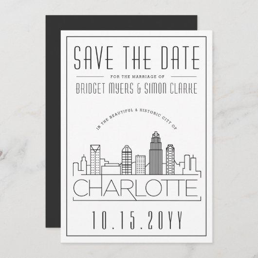Charlotte Wedding | Gestileerde skyline De datum o Kaart (Voorkant / Achterkant)