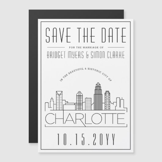 Charlotte Wedding | Gestileerde skyline De datum o Magnetische Uitnodiging (Voorkant / Achterkant)