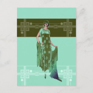 CHARLOTTE'S SHAWL, Mode van 1920 in Mint en Olijf Briefkaart