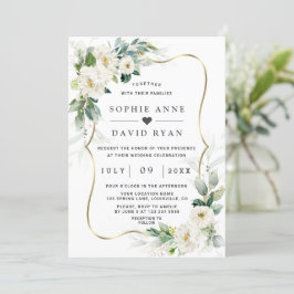 Charm Airy Greenery White Flowers Gold Wedding Kaart