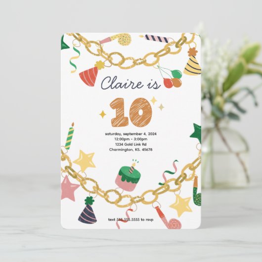 Charm Armband 10e verjaardag Party Uitnodiging (Staand voorkant)