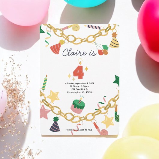 Charm Armband 4e verjaardag Party Uitnodiging