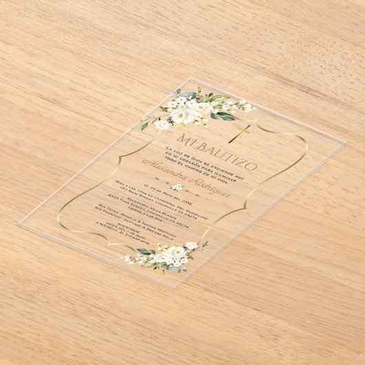 Charm Bautizo Con Blanca Flores Gouden Doop Acryl Uitnodigingen (Laagn)