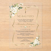 Charm Bautizo Con Blanca Flores Gouden Doop Acryl Uitnodigingen (Voorkant)