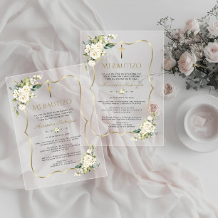 Charm Bautizo Met Witte Bloemen Gouden Doop Acryl Uitnodigingen