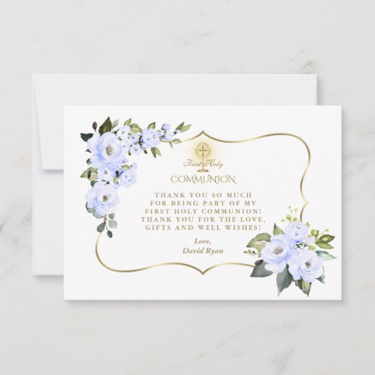 Charm Blauw Bloem Goud Kruis Jongen Eerste Heilige Bedankkaart (Voorkant)