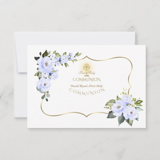 Charm Blauw Bloem Goud Kruis Jongen Eerste Heilige Bedankkaart (Achterkant)