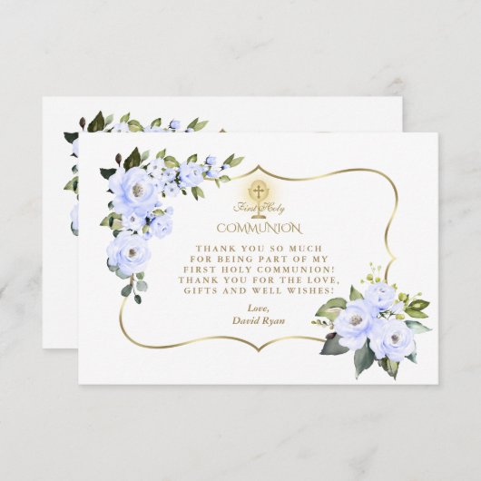 Charm Blauw Bloem Goud Kruis Jongen Eerste Heilige Bedankkaart (Voorkant / Achterkant)