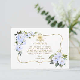 Charm Blauw Bloem Goud Kruis Jongen Eerste Heilige Bedankkaart