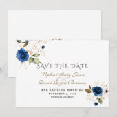 Charm Blauw Goud Bloemige Trouw Save The Date (Voorkant / Achterkant)
