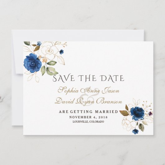 Charm Blauw Goud Bloemige Trouw Save The Date (Voorkant)