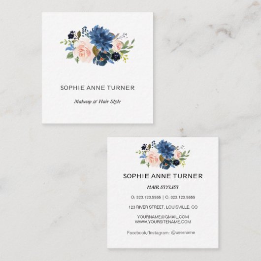 Charm Blauw Roze Bloemen Professionele Schoonheids Vierkante Visitekaartje (Voorkant / Achterkant)