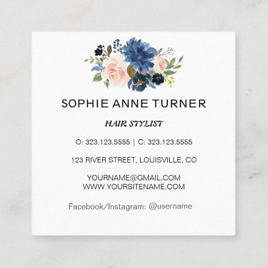 Charm Blauw Roze Bloemen Professionele Schoonheids Vierkante Visitekaartje (Achterkant)