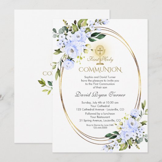 Charm Blauwe Bloemen Jongen Gouden Eerste Heilige  Kaart (Voorkant / Achterkant)