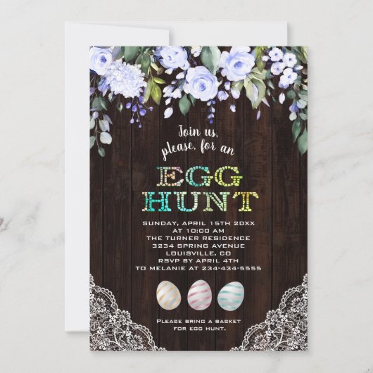 Charm Blauwe Bloemen Kant Hout Egg Hunt Pasen Kaart (Voorkant)