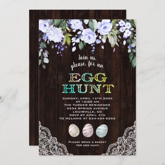 Charm Blauwe Bloemen Kant Hout Egg Hunt Pasen Kaart (Voorkant / Achterkant)