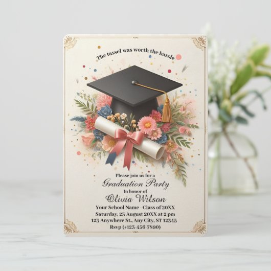  Charm Bloemen Afstuderen Party Uitnodiging (Staand voorkant)