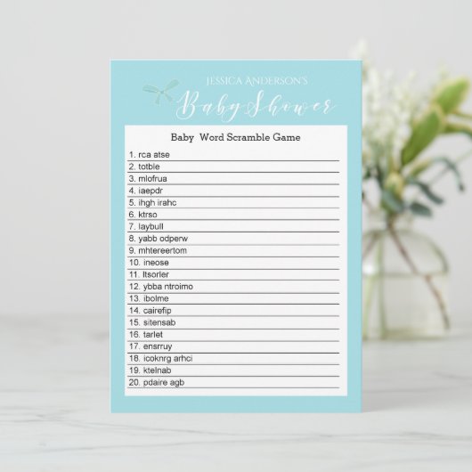  Charm Blue Baby shower Word Scramble Game Kaart (Staand voorkant)