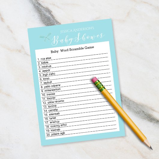  Charm Blue Baby shower Word Scramble Game Kaart