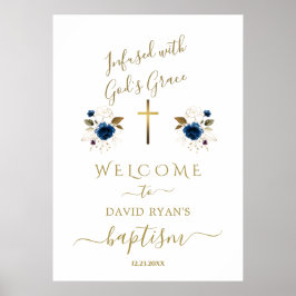 Charm Blue Bloemen Gouden Jongen Doop Welkomstbord Poster