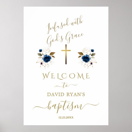 Charm Blue Bloemen Gouden Jongen Doop Welkomstbord Poster (Voorkant)