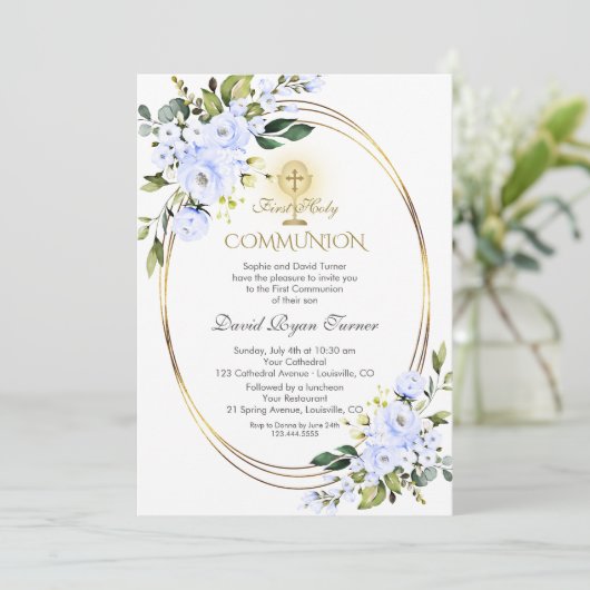 Charm Blue Bloemen Jongen Gouden Eerste Heilige Co Kaart (Staand voorkant)