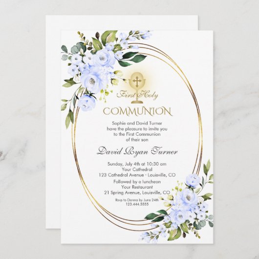 Charm Blue Bloemen Jongen Gouden Eerste Heilige Co Kaart (Voorkant / Achterkant)