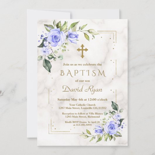 Charm Blue Flowers Gold Glitter Marble Boy Baptism Kaart (Voorkant)