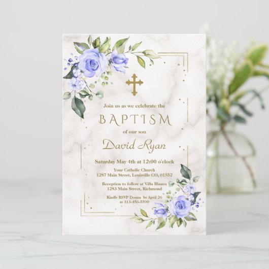 Charm Blue Flowers Gold Glitter Marble Boy Baptism Kaart (Staand voorkant)