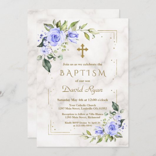 Charm Blue Flowers Gold Glitter Marble Boy Baptism Kaart (Voorkant / Achterkant)