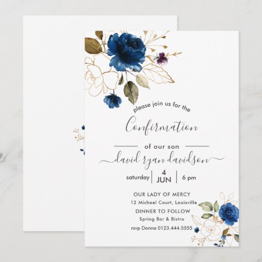 Charm Blue Gouden Bloemen Jongens Bevestiging Kaart (Voorkant / Achterkant)