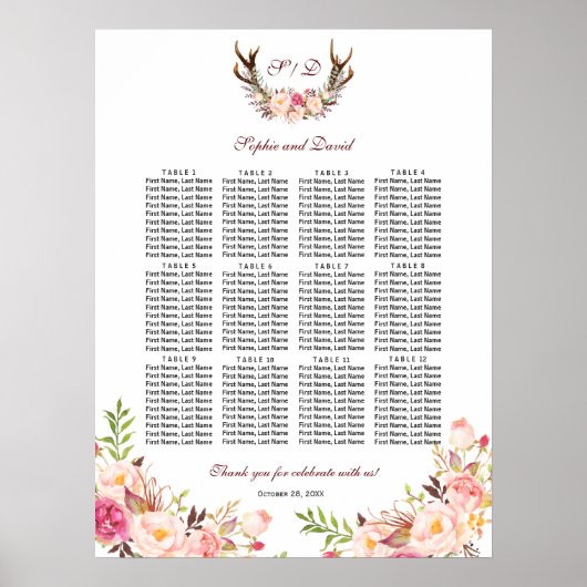 Charm Blush Bloemen Antlers Trouwstoel Grafiek Poster (Voorkant)
