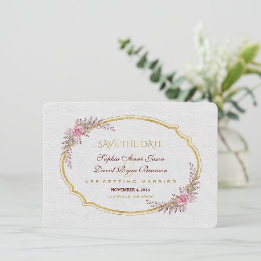 Charm Blush Bloemen Goud Lijst Wit Save The Date (Staand voorkant)