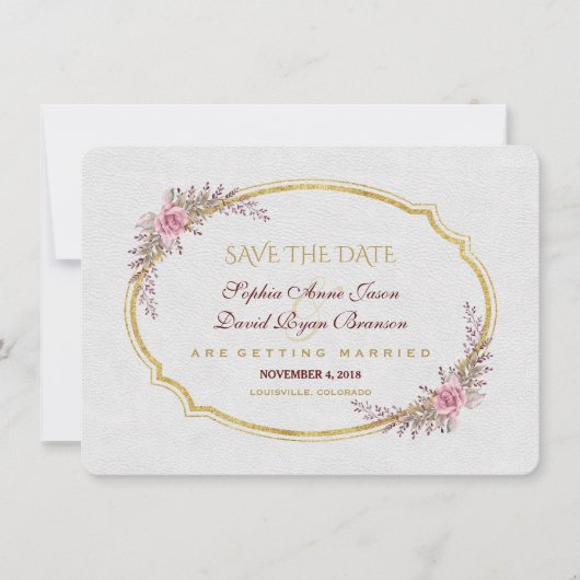 Charm Blush Bloemen Goud Lijst Wit Save The Date (Voorkant)