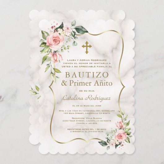 Charm Blush Bloemen Spaans 1e Verjaardag Doopfeest Kaart (Voorkant / Achterkant)