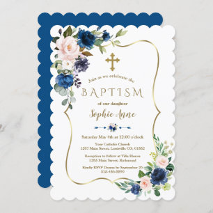 Charm Blush Classic Blue Flowers Gold Girl Baptism Kaart