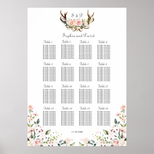 Charm Blush Cream Bloemen Antlers Zitting Grafiek Poster (Voorkant)