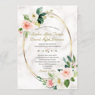 Charm Blush Cream Flowers Marble Gold Wedding Kaart