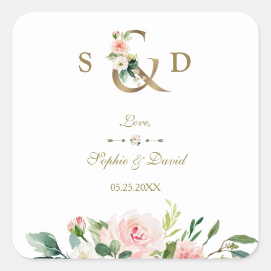 Charm Blush Floral Gold Ampersand Monogram Weddens Vierkante Sticker (Voorkant)