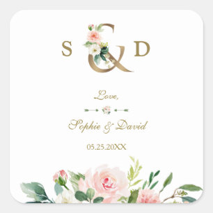 Charm Blush Floral Gold Ampersand Monogram Weddens Vierkante Sticker