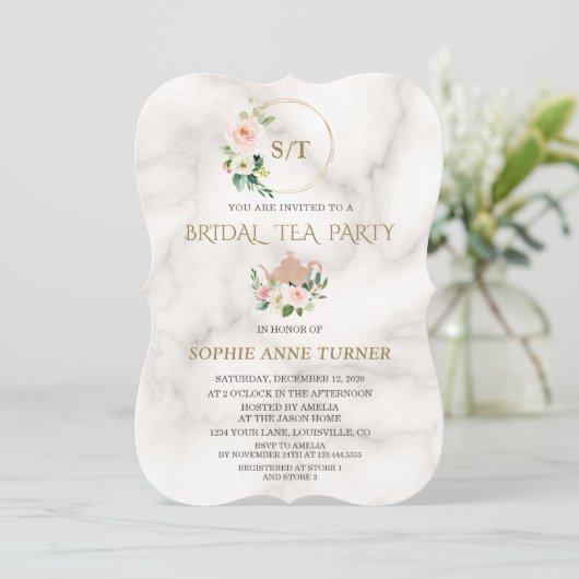 Charm Blush Floral Gold Lijst Marble Vrijgezellenf Kaart (Staand voorkant)