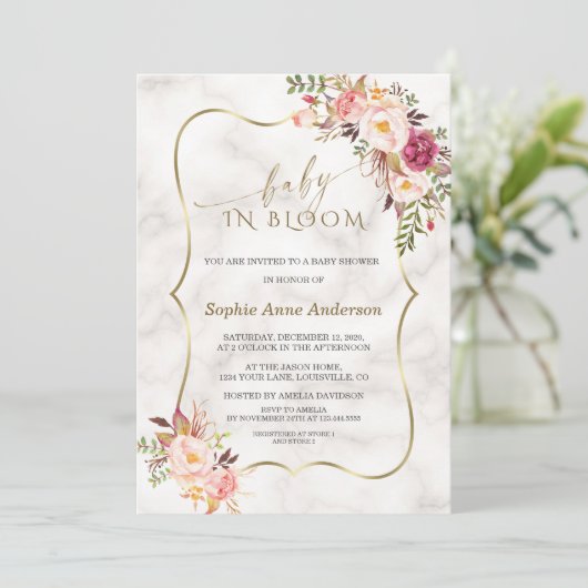 Charm Blush Flowers Gold Marble Baby in Bloom Kaart (Staand voorkant)