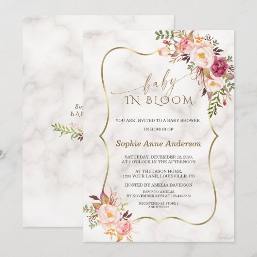 Charm Blush Flowers Gold Marble Baby in Bloom Kaart (Voorkant / Achterkant)