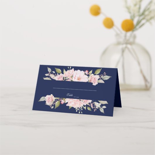 Charm Blush Pink Floral Bloom Navy Blue Wedding Plaatskaartje (Achterkant)