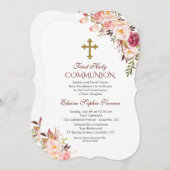 Charm Blush Pink Floral First Heilige Communie Kaart (Voorkant / Achterkant)