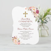 Charm Blush Pink Floral First Heilige Communie Kaart (Staand voorkant)