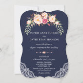 Charm Blush Pink Flowers Lace Navy Wedding Kaart (Voorkant)