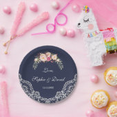 Charm Blush Pink Flowers Lace Navy Wedding Papieren Bordje (Feest)